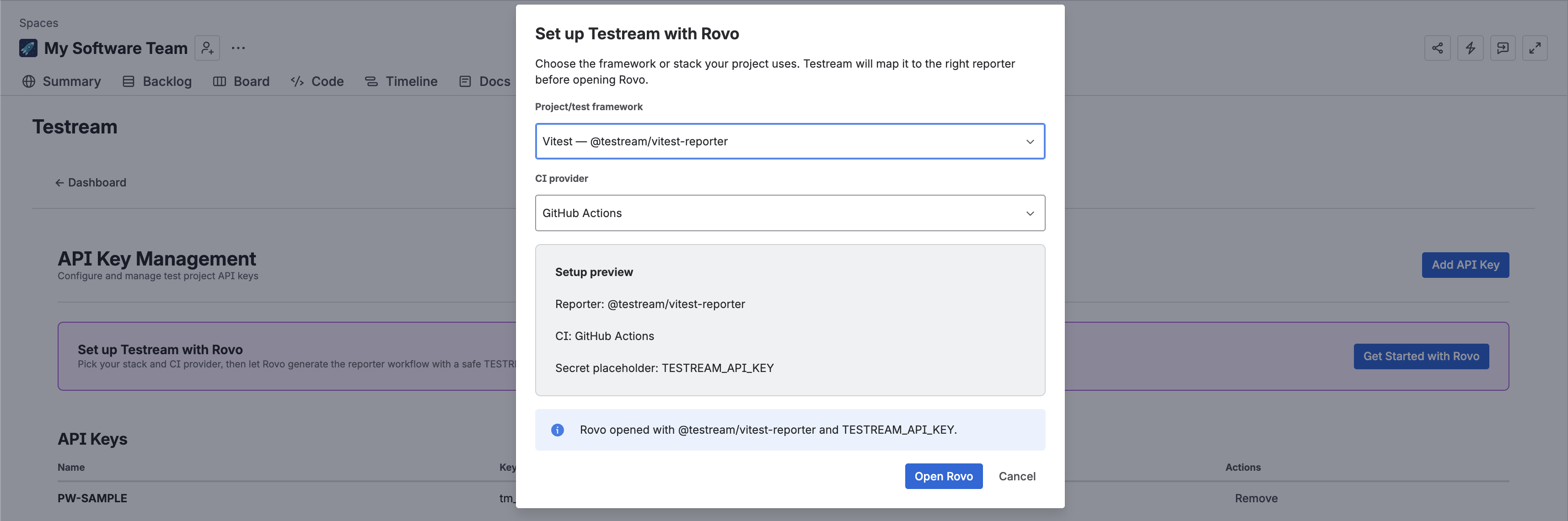 Setup Testream Rovo Dialog