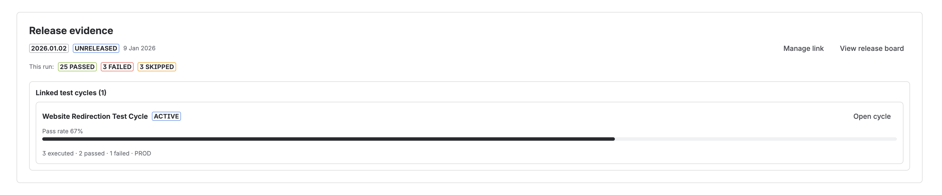 Release evidence section on test run details showing the linked release, run result summary, and a linked test cycle with pass rate and open-cycle action