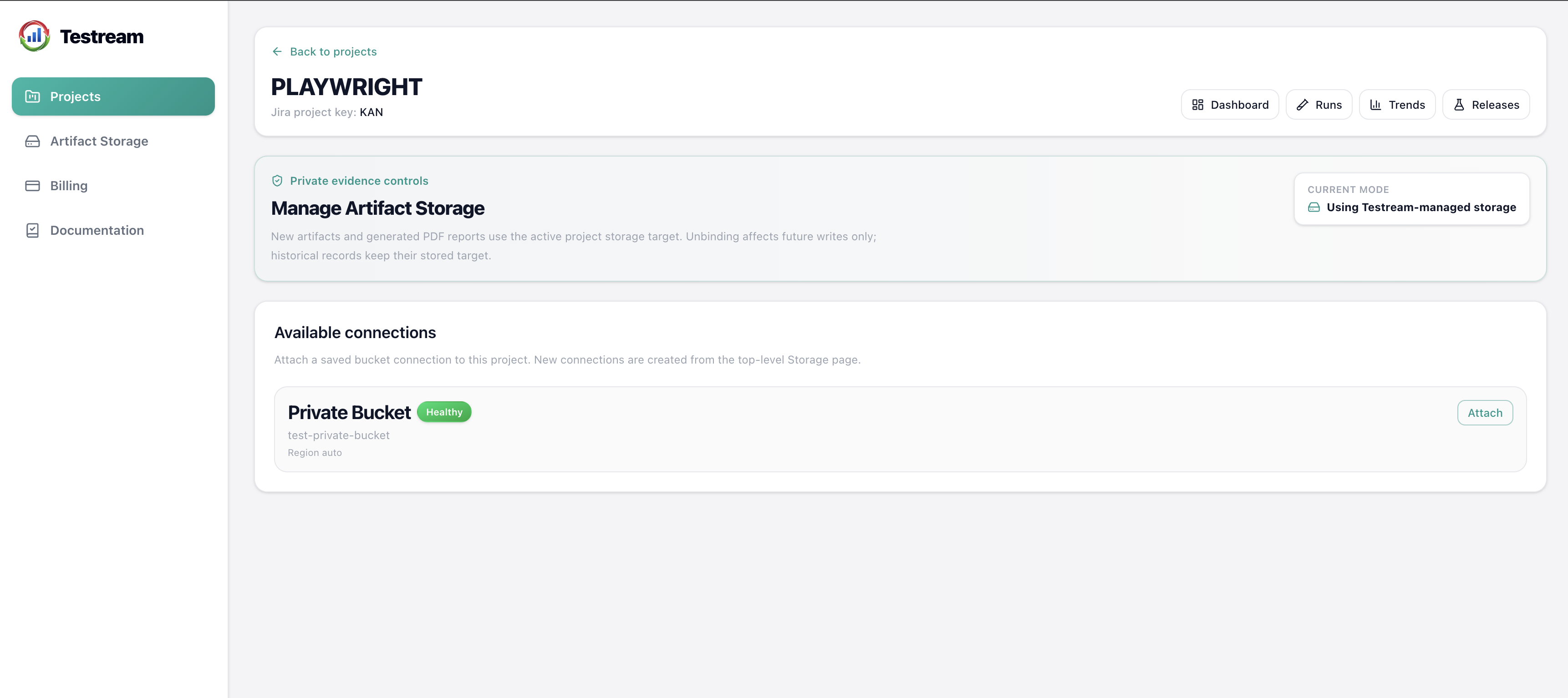 Project storage attachment screen for linking a bucket connection to a Testream project