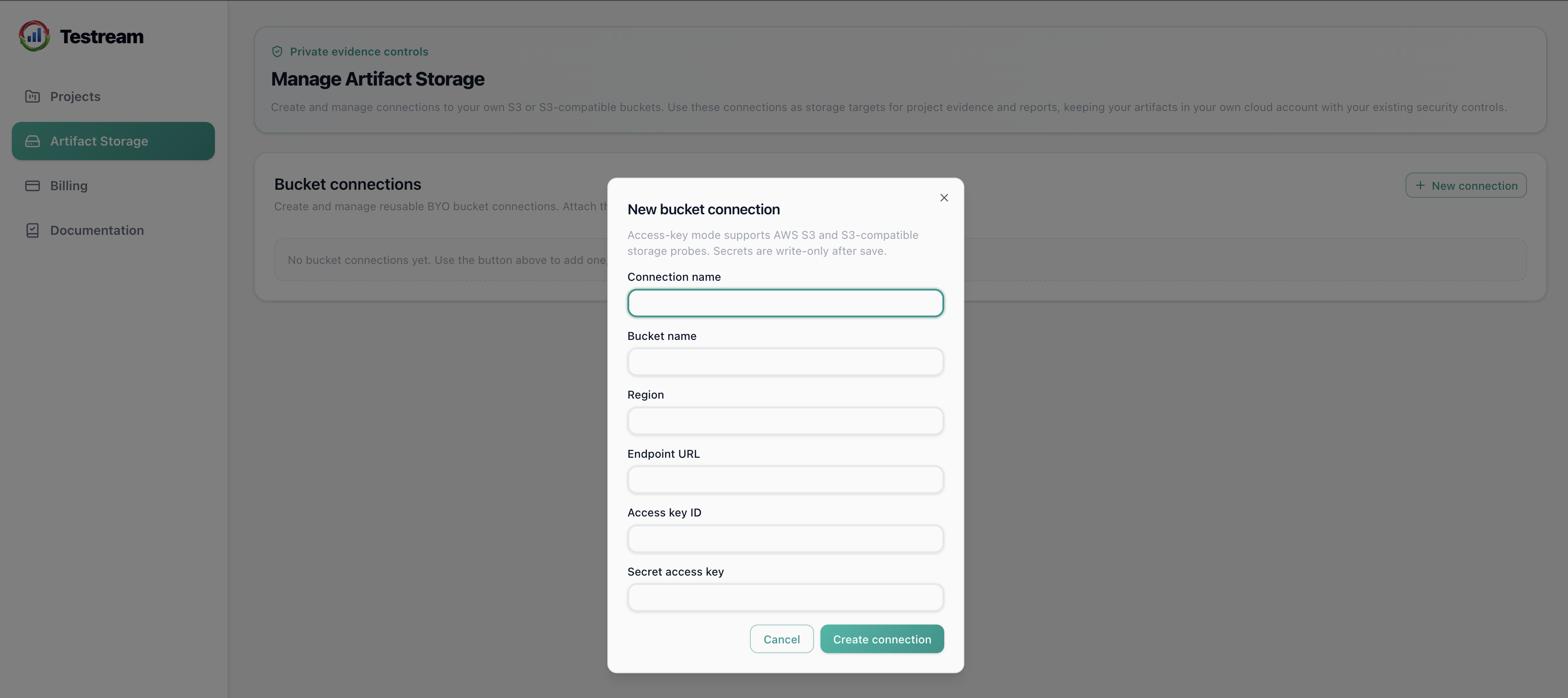 New artifact storage connection form for configuring a customer-owned bucket