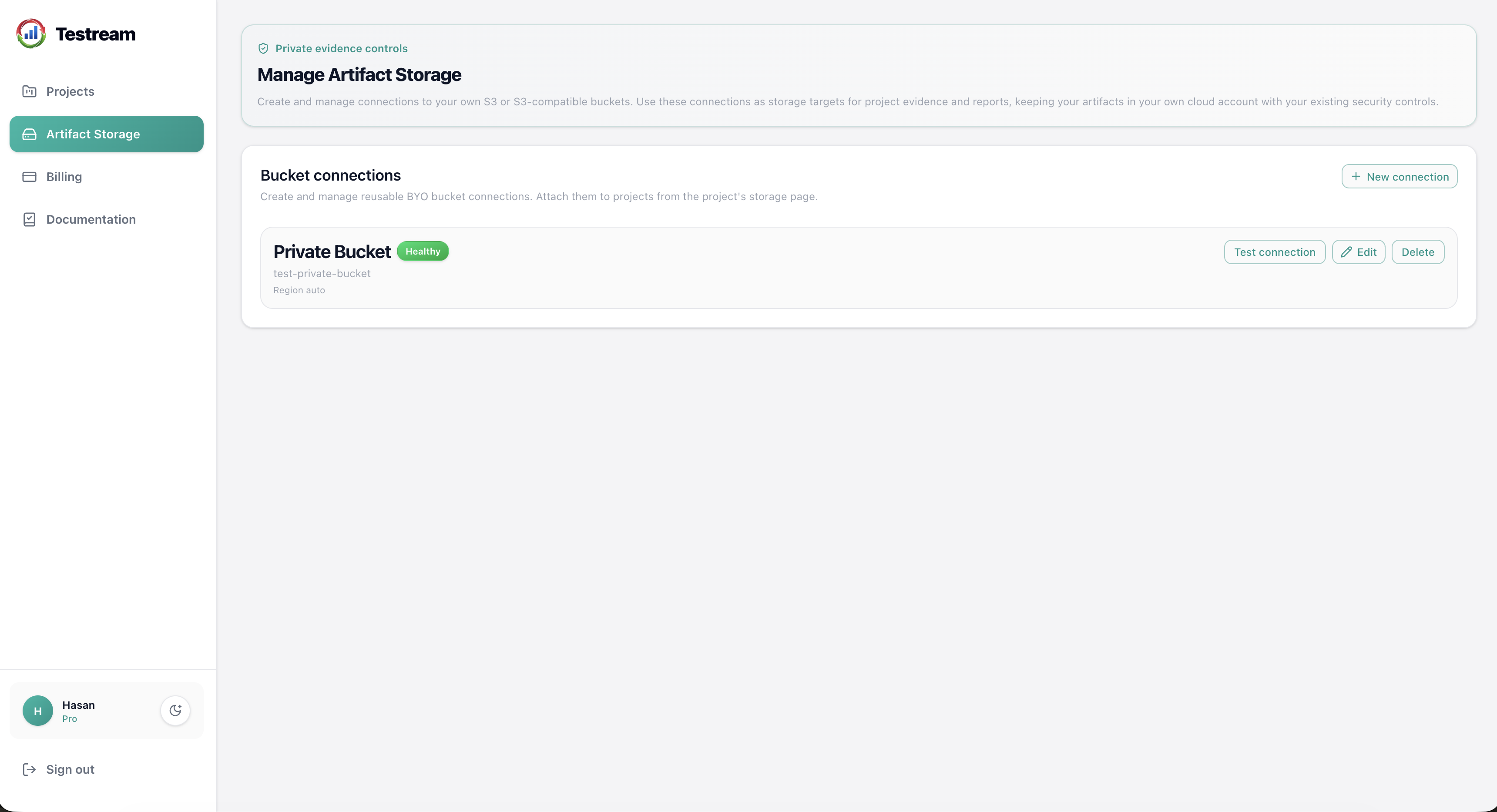 Artifact Storage page showing Testream-managed storage and customer-owned bucket options