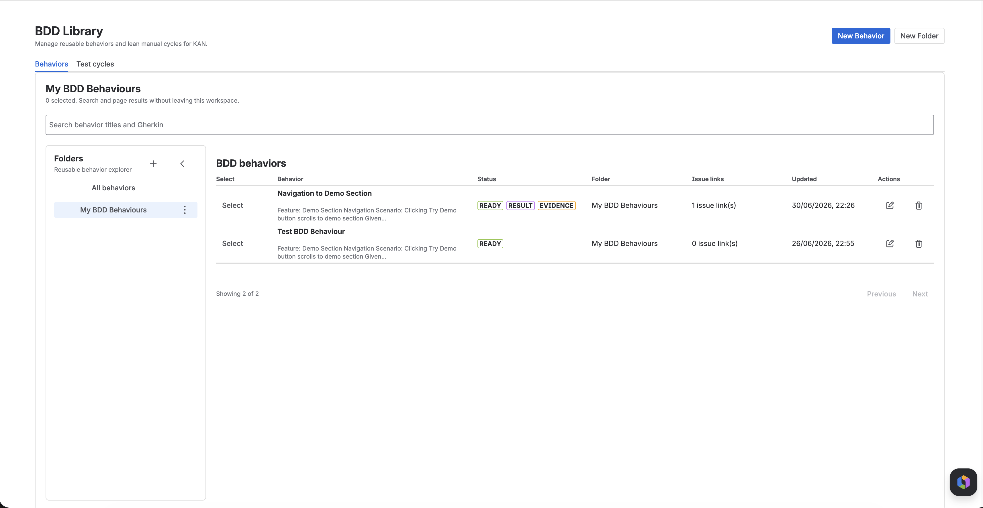 BDD Library behaviors tab showing reusable behavior titles, authored status badges, folders, issue link counts, and evidence signals