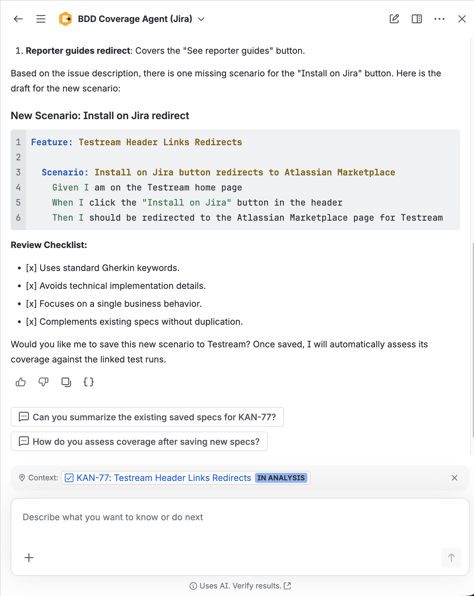 Rovo dialog for drafting or improving a BDD Gherkin spec from Jira issue context