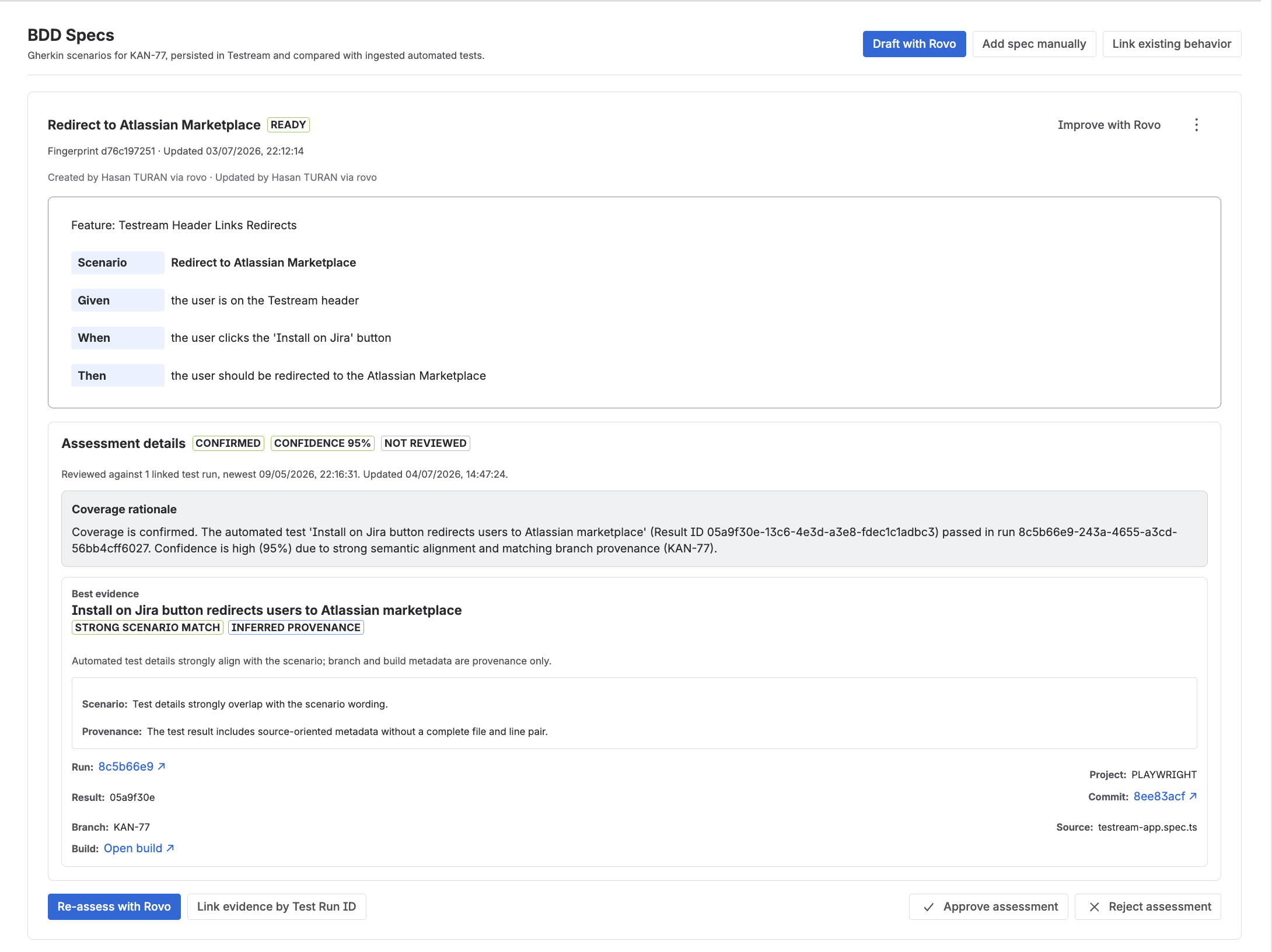 BDD Specs panel in Jira showing Draft with Rovo, Add spec manually, Link existing behavior, and assessment details for a saved spec