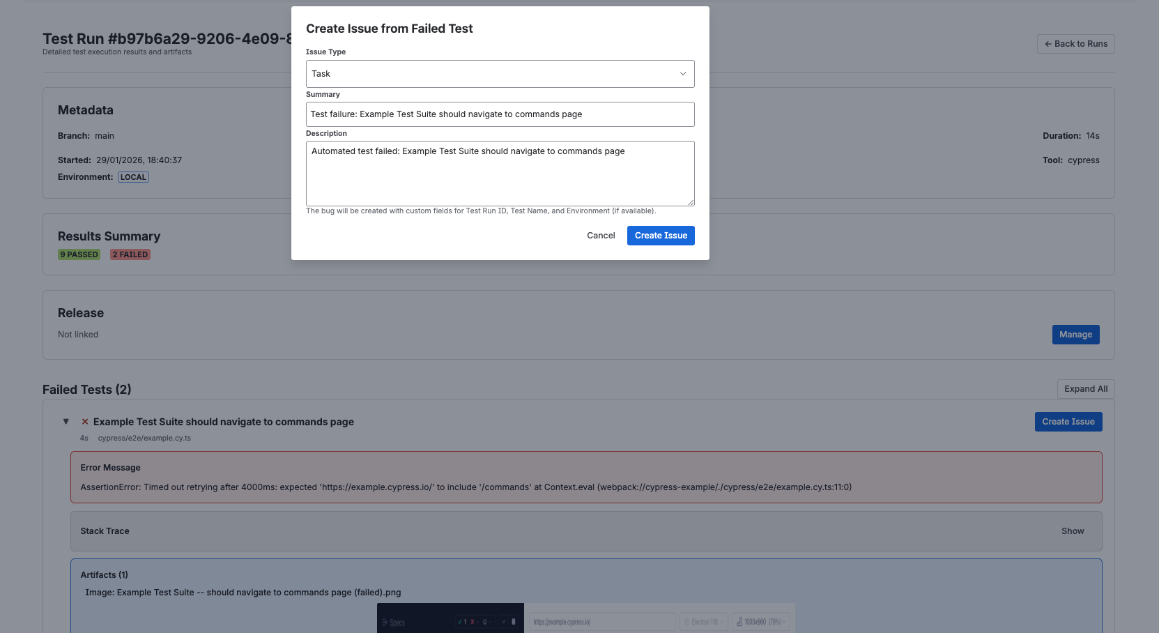 Create Issue form opened from a failed test with pre-filled summary, description, and failure context