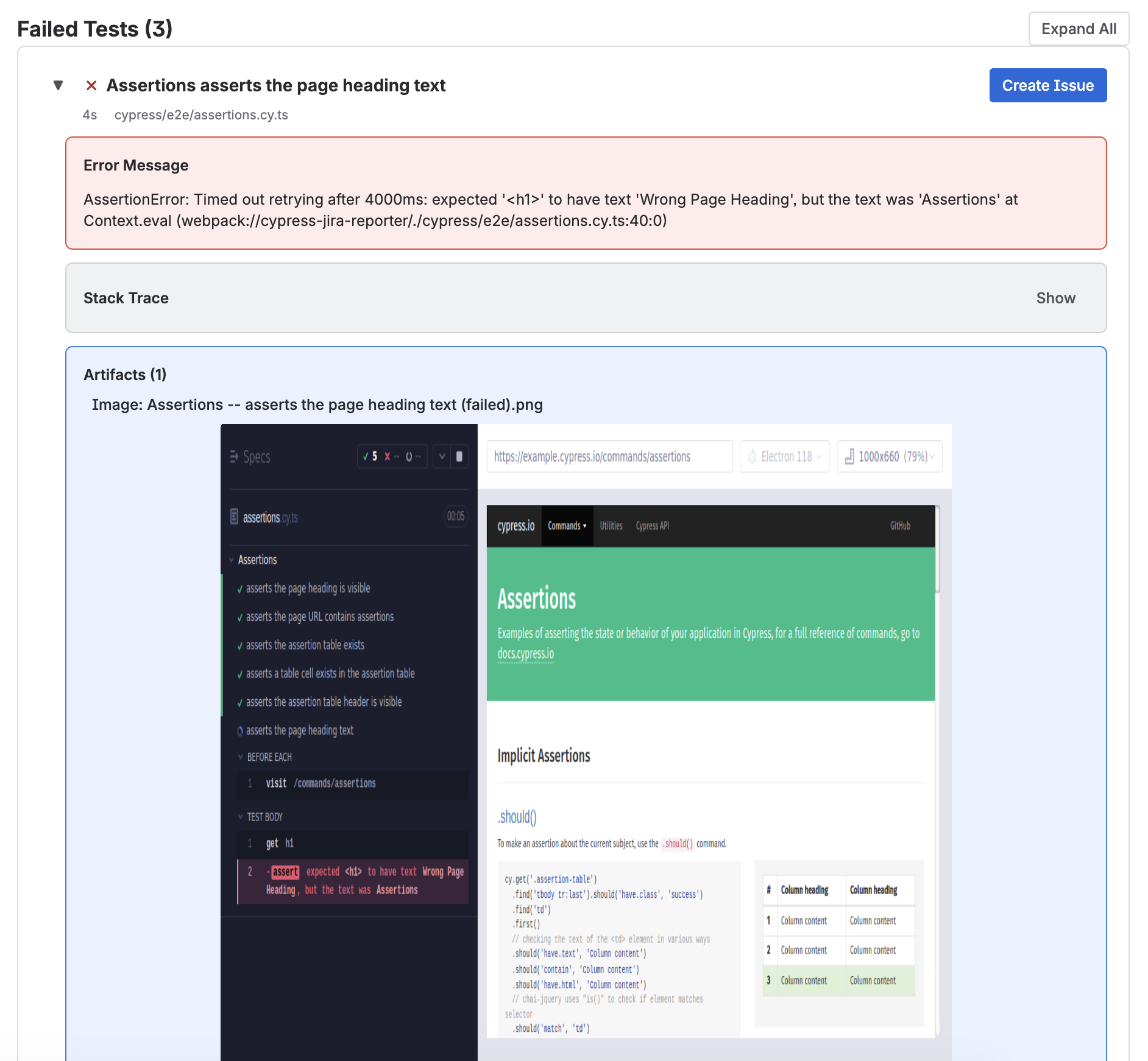 Failed test details view showing the error message, stack trace, and debugging artifacts inside Jira