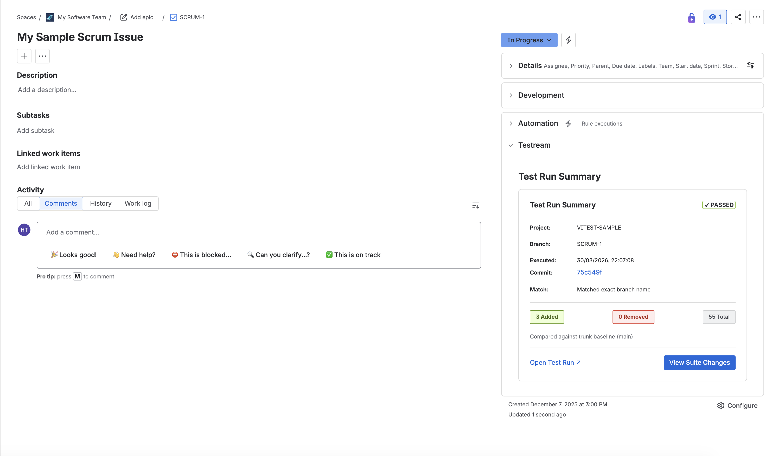 Jira issue panel showing linked test run summaries with status, branch, commit, and suite change context