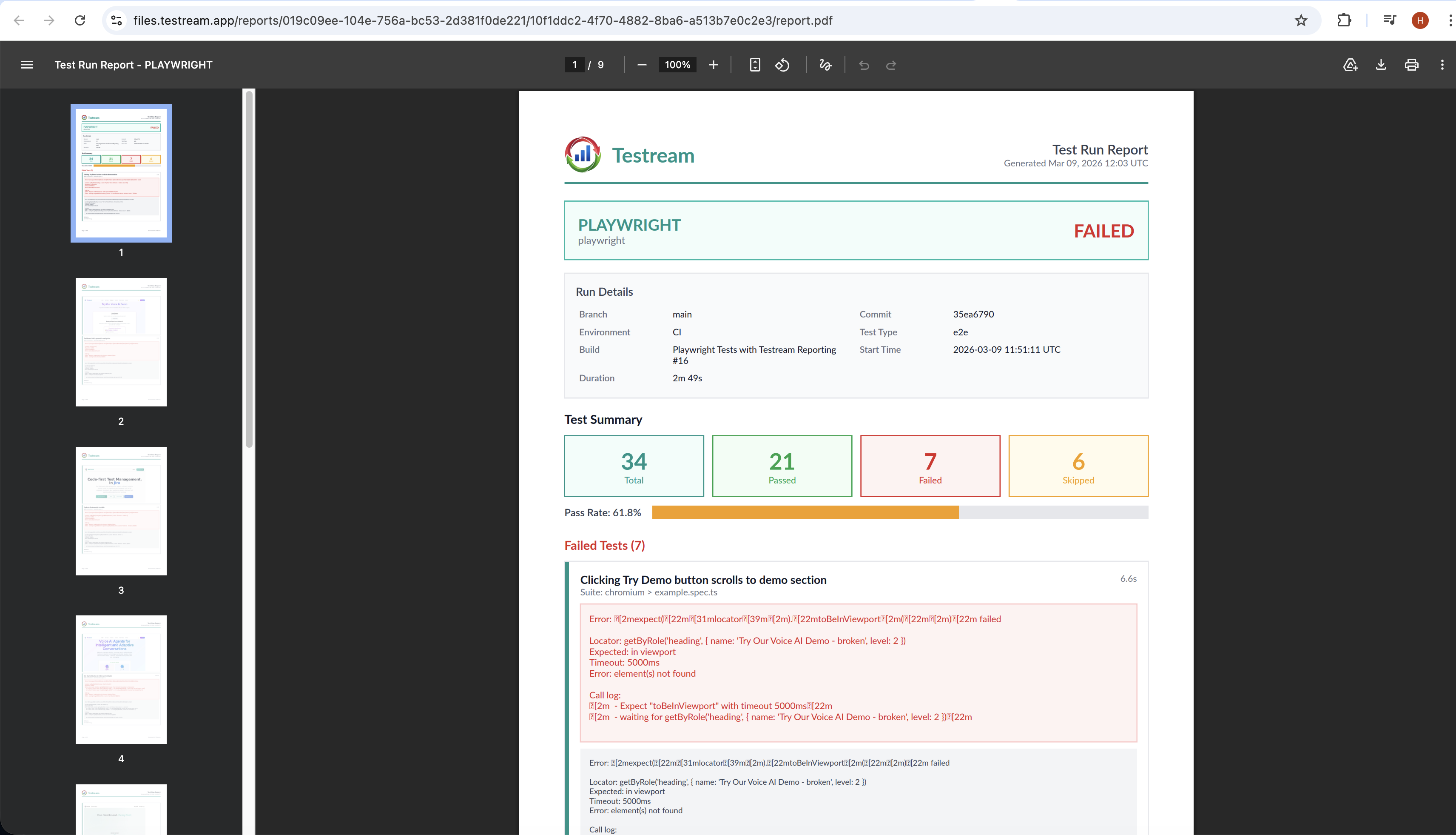 PDF report section on the test run details page showing report status and download action