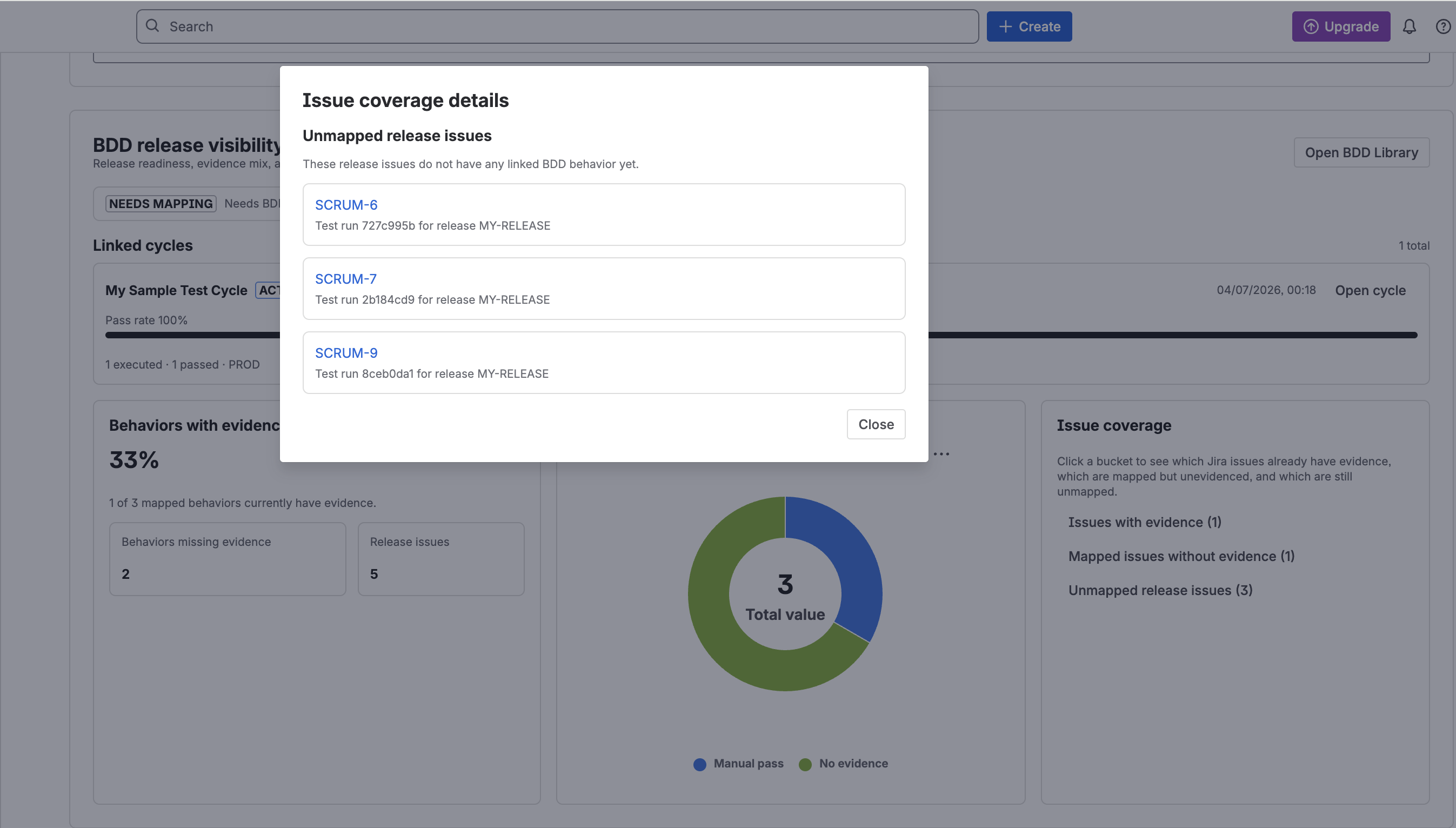 Issue coverage details modal listing Jira issues in the selected release coverage bucket