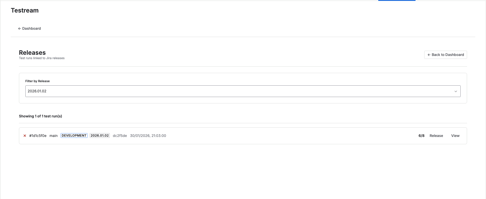 Releases page showing the Jira release filter, linked runs, and release-level quality context