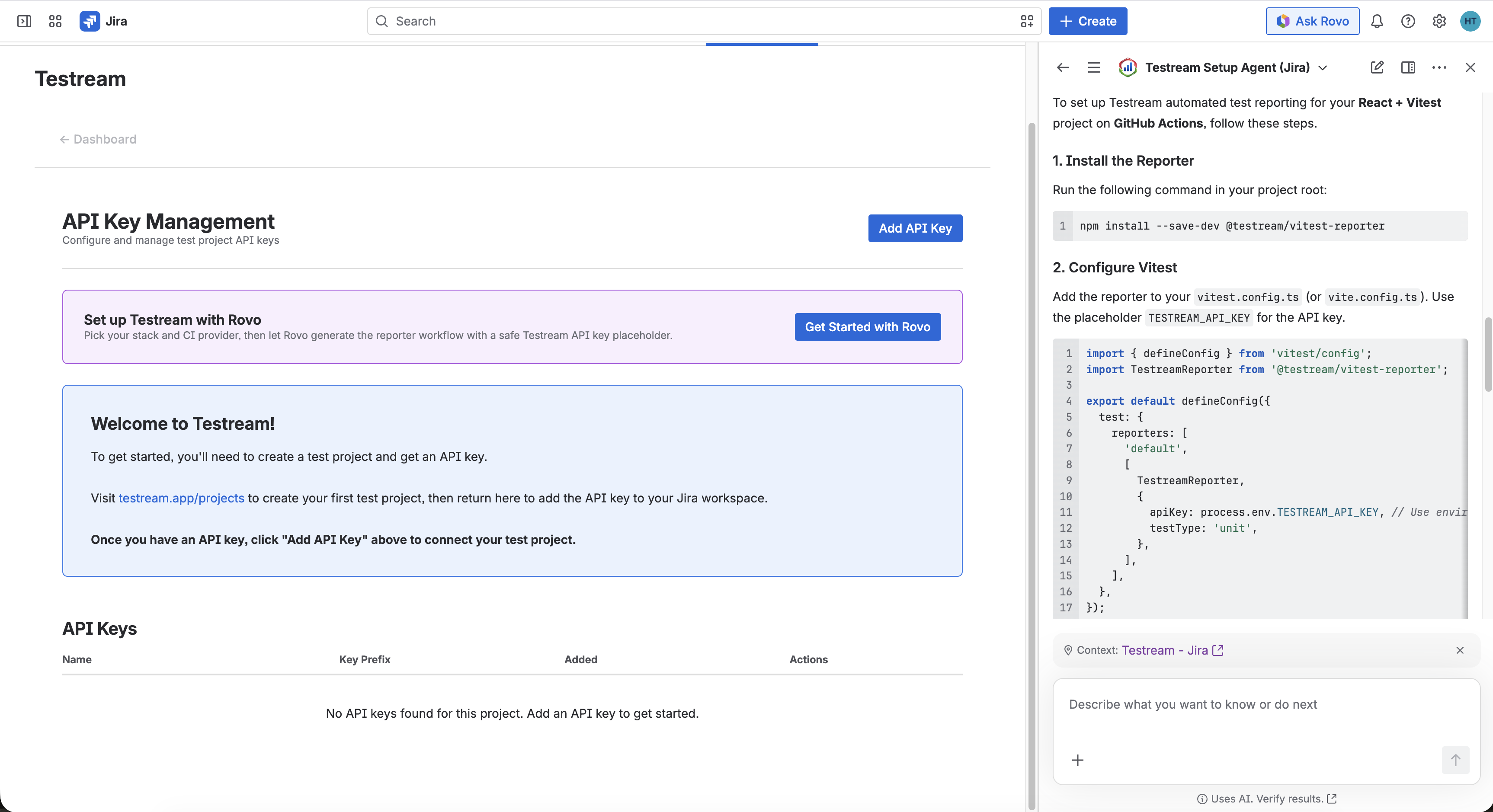 Testream Rovo Setup Agent recommending a reporter and CI setup