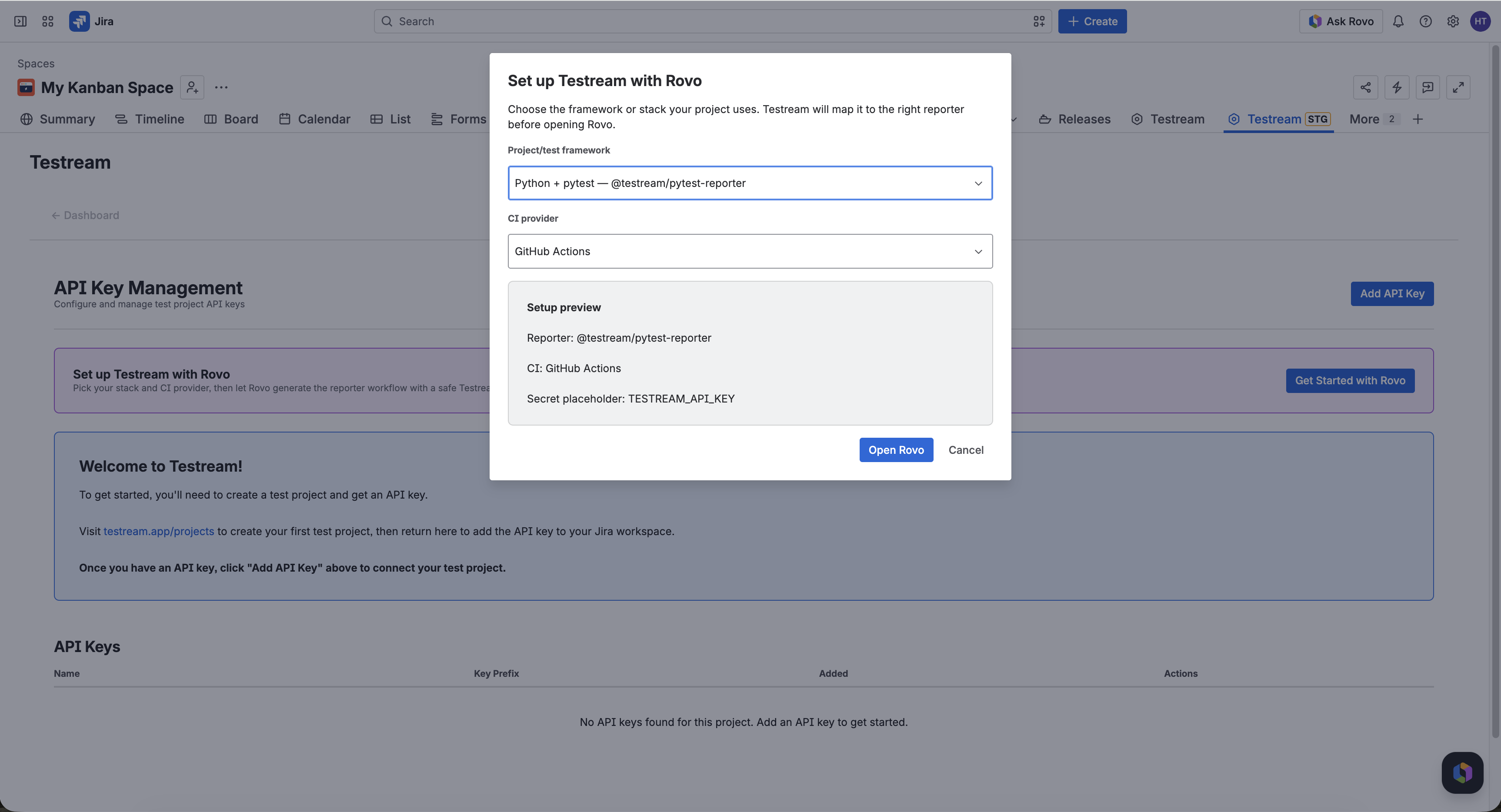 Testream setup dialog for choosing a framework and CI provider