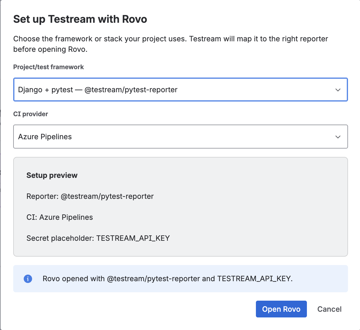Testream setup screen for selecting the test stack