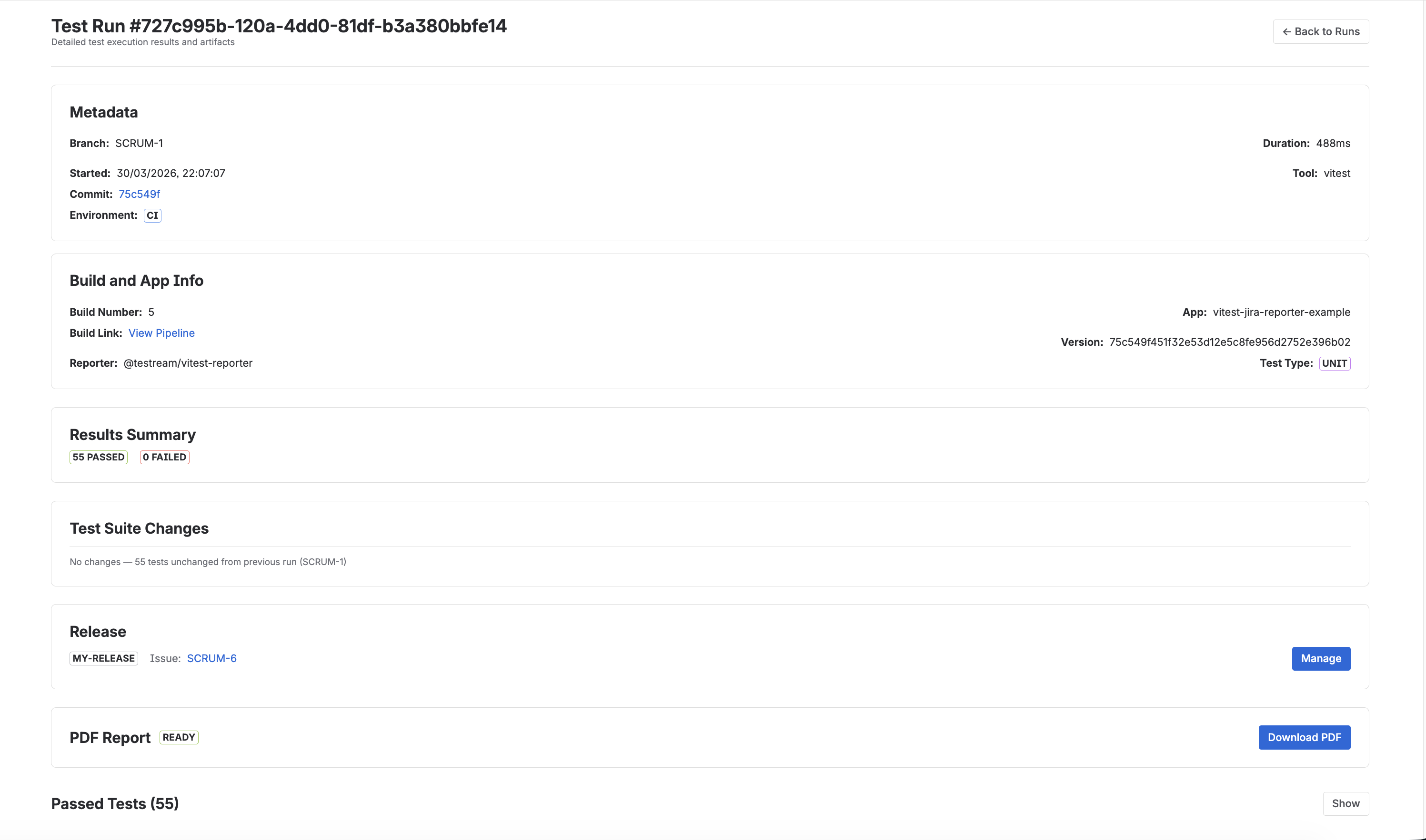 Test run details page showing metadata, results summary, release evidence, and failed test inspection actions