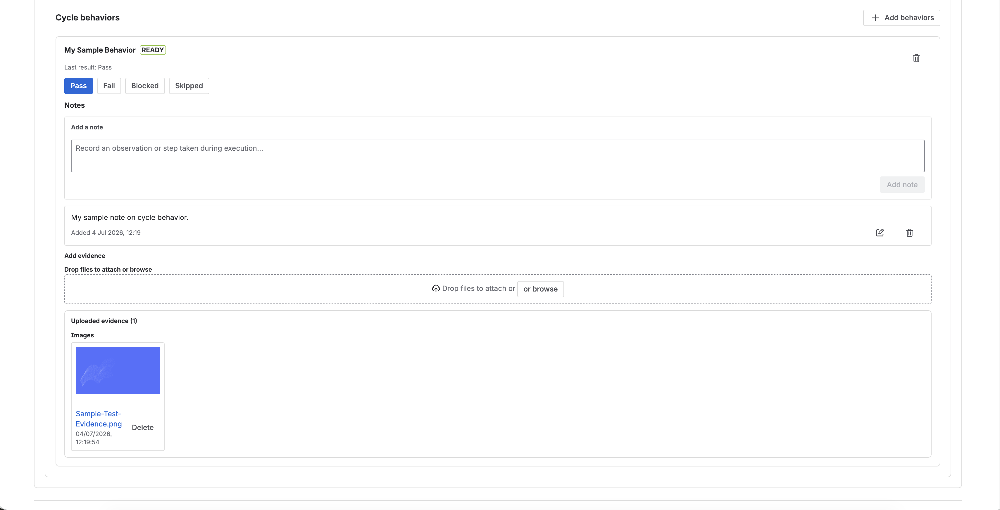Test cycle behavior details showing behavior status, notes, and uploaded manual evidence