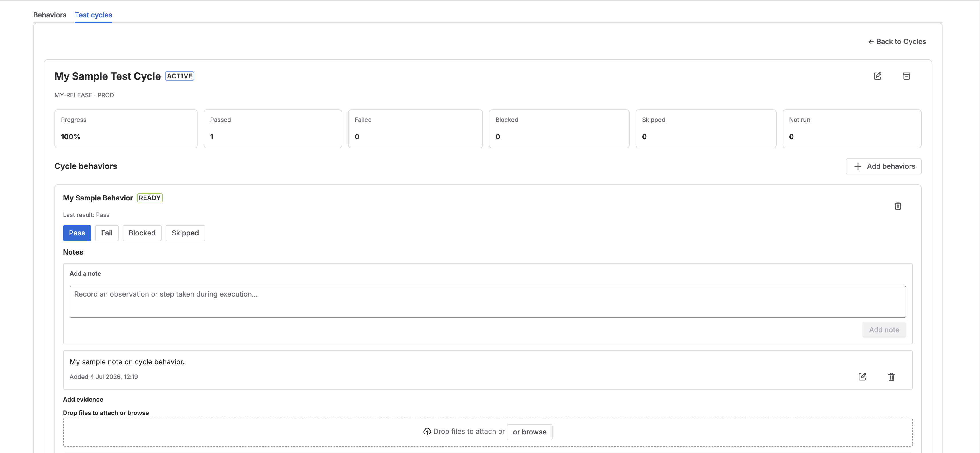 Test cycle detail view showing cycle metrics, linked release context, behavior rows, and result actions