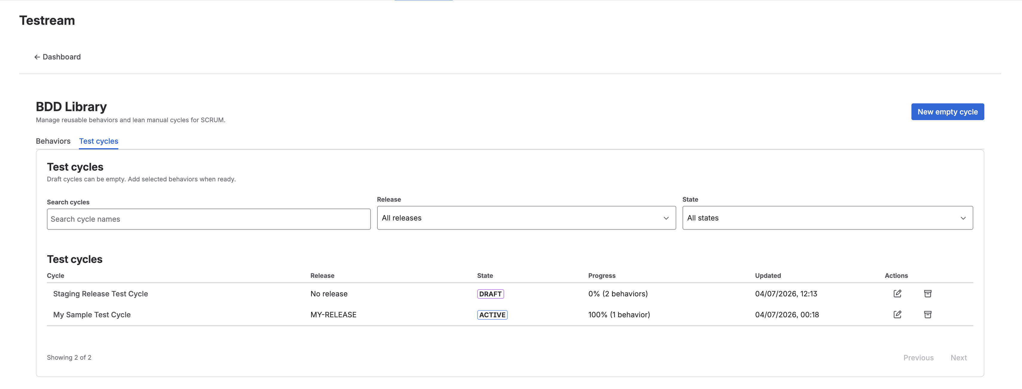 Test cycles list showing cycle names, linked releases, states, progress, and updated timestamps