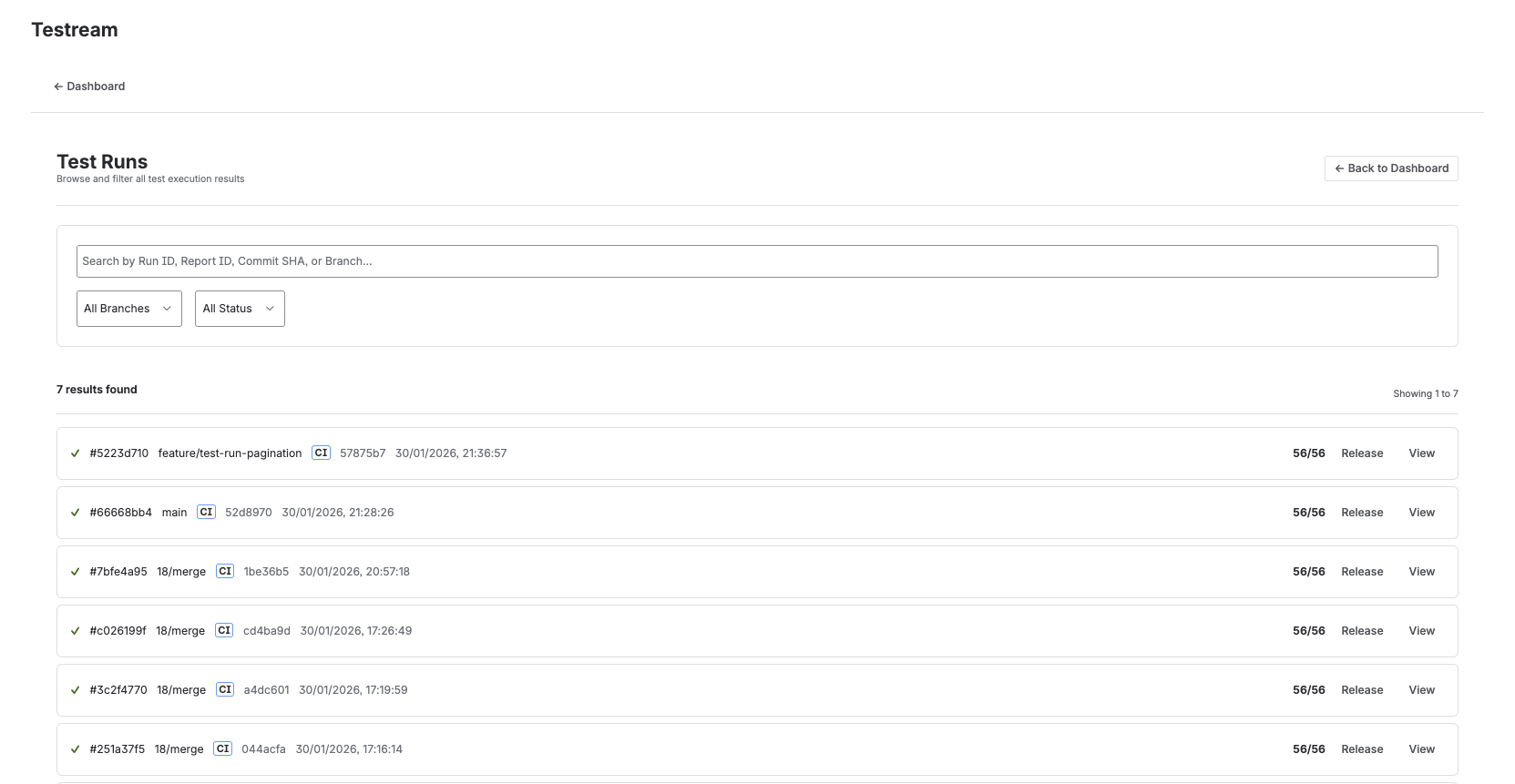 Jira Test Runs view confirming that Testream received and displayed the first automated run