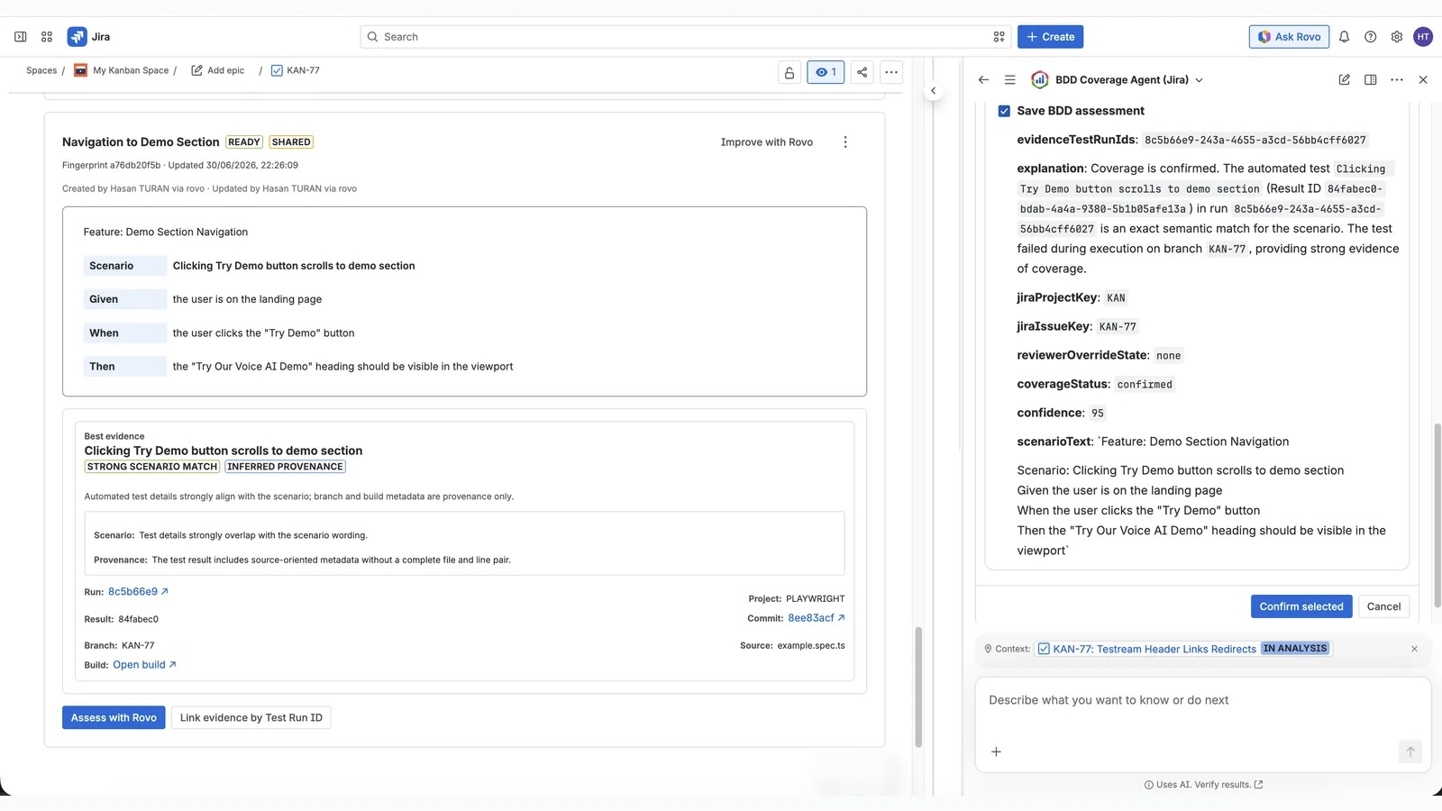 BDD Coverage Agent assessing a Jira scenario against Testream evidence